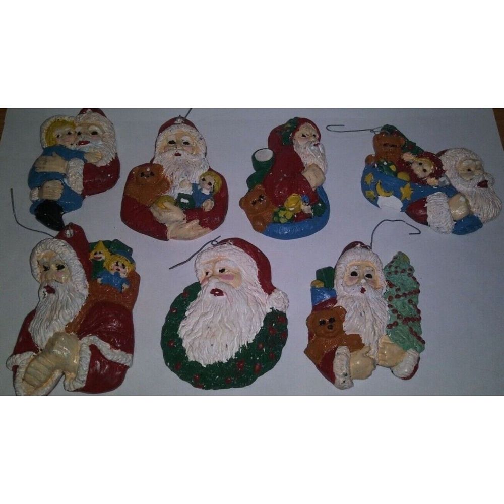 Lot of 7 Vintage 1991 Ceramic Hand Painted Christmas Ornaments - Santa W/ Teddy